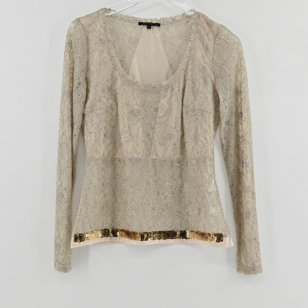 Patrizia Pepe Sera Lace Sequin Top Womens Size 6 Tan Gold‎ Long Sleeve Italy